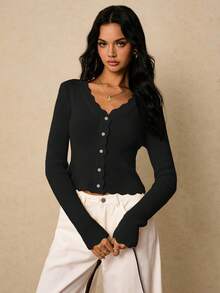 Poéselle Áo len tay dài cắt ngắn viền vỏ sò thời trang thu đông cho nữ - màu đen - Xem 1