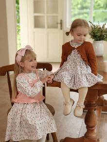 Vintaside Kids 2 件套女婴花卉印花长袖连衣裙和夹克套装，休闲时尚，适合春秋季日常穿着 - 彩色 - 查看 5