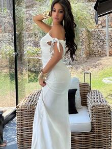Ronhire Women's Solid Asymmetric Neckline Ruched Elegant Long Dress,Rave Outfits Festival - Apricot - View 5