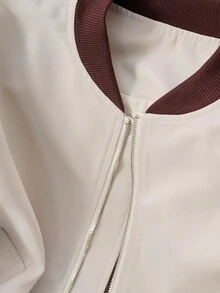 INAWLY 大码女式休闲时尚拼色拉链口袋飞行员夹克，春秋季 - 卡其色 - 查看 3