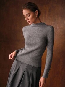 MOTF PREMIUM FUNNEL NECK SLIM FIT BUTTON DECOR SWEATER - Grey - View 5