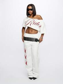 SUMWON WOMEN 露肩破洞骑士 T 恤天使图案印花短款上衣磨损毛边节日宣言时尚街头时尚 - 白色 - 查看 6