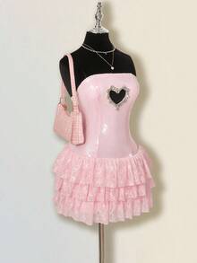 SHEIN ICON 女士心形镂空水钻闪亮 Y2K 性感前卫网眼拼布 A 字下摆连衣裙，性感迷人 - 粉色 - 查看 6