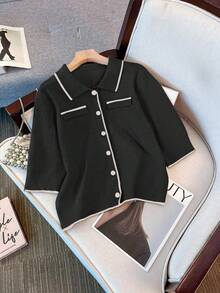 Franclia Women's Vintage Contrast Color Collar Knit Short Sleeve Cardigan, Spring/Summer