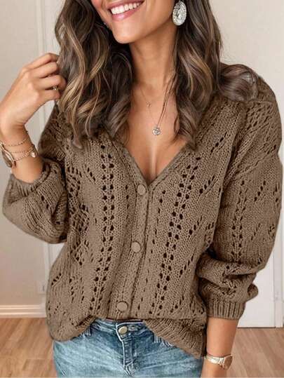 EMERY ROSE Cardigan tricoté décontracté à col en V ajouré de couleur unie pour femmes