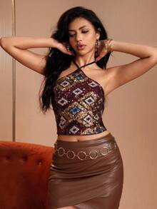 SHEIN PETITE Áo hở lưng đính hạt gợi cảm, cổ yếm, mùa hè - màu đen - Xem 7
