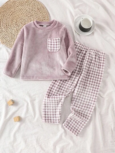 SHEIN Genkimix Kids 2件套女童毛绒格子长袖上衣和裤子休闲舒适柔软睡衣套装