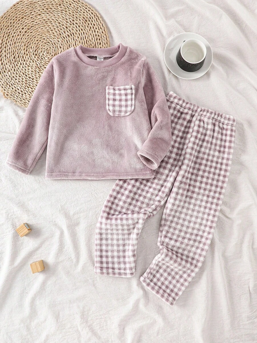 SHEIN Genkimix Kids 2件套女童毛绒格子长袖上衣和裤子休闲舒适柔软睡衣套装