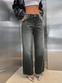 EURMUSE 100% 纯棉低腰直筒剪裁深灰色 Y2K 风格女式牛仔裤 - 淺灰色 - 查看 4