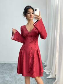 Modelyn Women's Burgundy Sexy Deep V-Neck Long Sleeve Bodycon Midi Party Dress Fall Cloth For Women - Burgundy - View 5