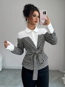 Elenzga Damen Lässig Pendler Vorderseite Knopf Karomuster Langarm Hemd, Herbst