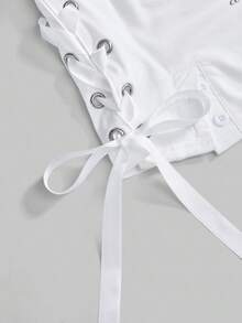 ROMWE Grunge Punk Top tubo de mujer con estampado de letras, decoración de cruz con tachuelas, encaje lateral y diseño romántico punk retro con pelaje, para otoño/invierno como prenda de capa - Beis - Ver 2