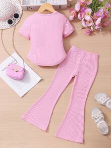 2pcs Young Girl' Plain Ribbed Crew Neck Pearl Short Sleeve Top And Flared Pants Set, Casual Summer Outfit Summer Holiday