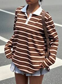 SHEIN EZwear 女式休闲条纹 Polo 领长袖针织 T 恤