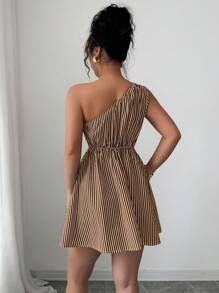 Elenzga Striped Asymmetric Collar Waist Twist Patchwork Asymmetrical A-Line Dress For Women - Multicolor - View 2
