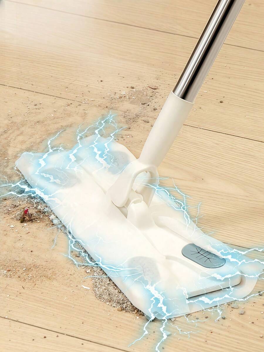 1pc Japanese Style Disposable Dust Collection Mop With Detachable Static Dust Sheets, Slouchy Dusting Paper Mop With Iron Rod Handle - Grey - View 1