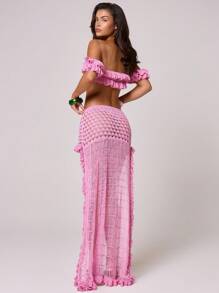 MUSERA Áo croptop móc len trễ vai viền bèo nhún, thích hợp cho mùa xuân hè, đi nghỉ mát, phong cách boho Ibiza, thanh lịch, đi biển, câu lạc bộ, dễ thương, gợi cảm, lễ hội, áo khoác ngoài, sinh nhật, Khalui, Áo trễ vai sành điệu. - Hồng - Xem 4