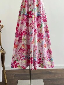 Soleia 女士彩色花卉油画印花褶皱肩带腰 A 字中长连衣裙，度假风 - 彩色 - 查看 7