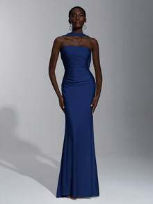 SHEIN Belle 优雅、浪漫、性感、简约、浅黄色针织弹力露肩露背紧身连衣裙，时尚、网红风格，适合节日、派对、婚礼、伴娘 - 藏蓝色 - 查看 6