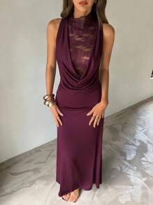 Aloruh Women's Elegant Drap Neck Fitted Lace Pathwork Maxi Dress,Women Night Out Wedding Guest ,Sun Dresses For Women,Fall - Purple - View 5