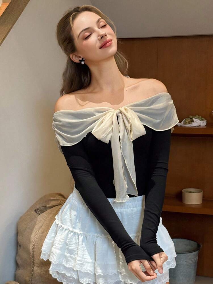 Women's Color Block Lace-Up Off Shoulder Long Sleeve Fitted Pullover T-Shirt