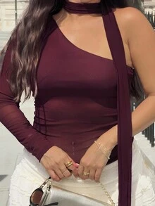 NegzBox Women's Solid Color One Shoulder Long Sleeve Mesh Sheer Fitted Fashion Blouse For Autumn Vintage Burgundy Tight One-Shoulder Asymmetrical Neckline Strappy Sexy Party Top For Women Cute Top Christmas Clothes Women New Years Women Outfit Going Out Tops Women Christmas Outfit Off The Shoulder Top Crop Tops Women Old Money Style Women Asymmetrical Top - Burgundy - View 3