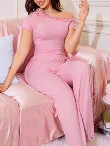 甜美蝴蝶结蕾丝拼布女士睡衣套装粉色睡眠套装粉色睡衣套装女士粉色睡衣套装粉色休闲套装两件套睡眠套装 - 粉色 - 查看 5