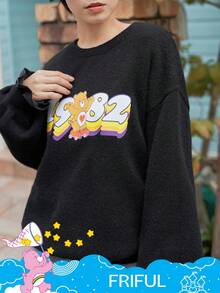 FRIFUL SHEIN X Care Bears Women's Loose Fit Crew Neck Cartoon Pattern Thermal Lined Thick Sweater - Black - View 11