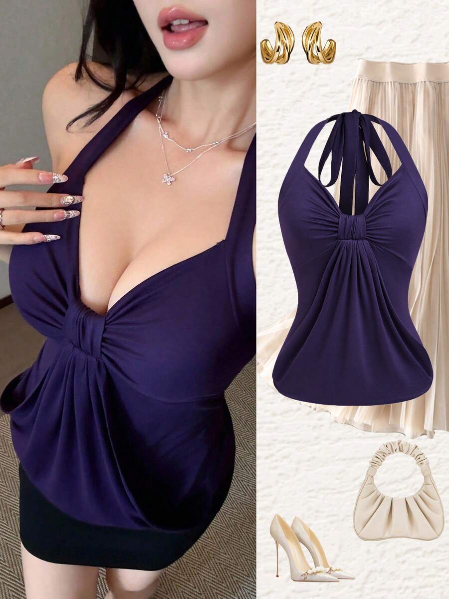 SHEIN LUNE Women's Casual Deep V-Neck Halter Front Adjustable Ruffle Hem Cami Top, Purple - Purple - View 1