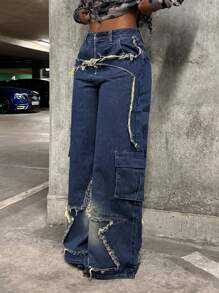 StreetHx Quần jeans ống rộng, dáng suông, viền tua rua dành cho nữ - Màu xanh lam - Xem 6