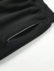 Manfinity Homme 男士拉链口袋抽绳腰宽松抓绒休闲保暖运动裤，秋冬款 - 黑色 - 查看 5