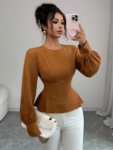 Elenzga 新款女式圆领长袖梭织面料后腰抽绳设计休闲百搭收腰修身优雅衬衫，春秋季女式上衣 - 棕色 - 查看 7