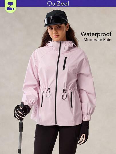 OutZeal 女士防水拉链口袋抽绳腰部连帽户外夹克徒步露营