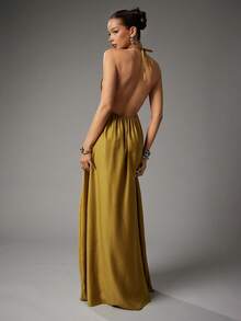 SHEIN Haute Women's Summer Sexy Vacay Neck Metal Detail Low Back Linen Shiny Fabric Maxi Dress - Khaki - View 3