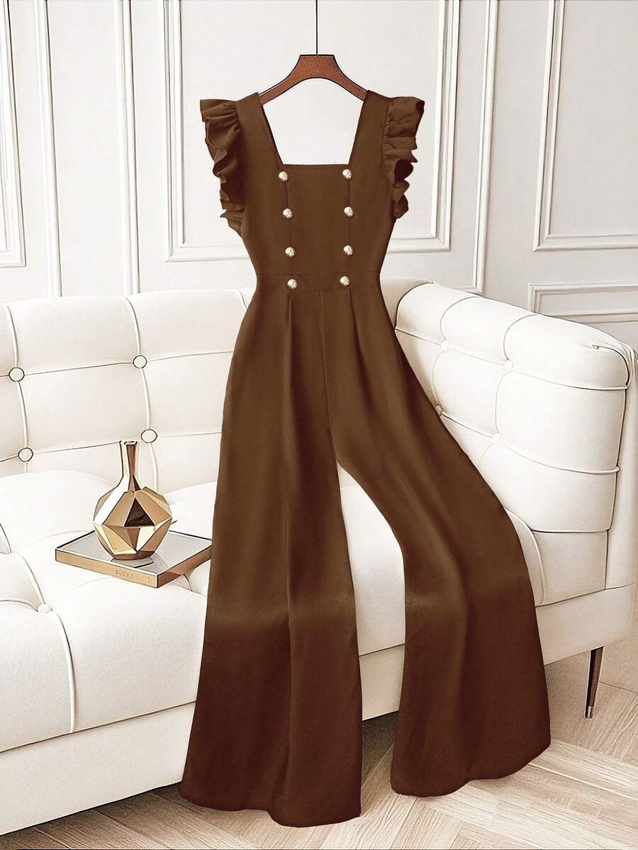 SHEIN Clasi Mono elegante de talla grande para mujer, de unicolor, con cuello cuadrado, mangas con volantes y botones dorados - Marrón - Ver 1