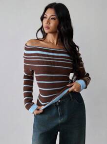 Islaluna Women's Elegant Fashion Simple Versatile Turtleneck Sweater, Fitted Ribbed Colorblock Design, Autumn Striped Off The Shoulder Sweater Off The Shoulder Brown Sweater Brown And Blue Striped Top Off Shoulder Sweater Women Brown Striped Top Fall Winter Cloth For Women