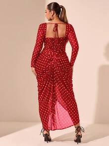 SHEIN BAE 大码秋冬波尔卡圆点印花优雅荷叶边长袖连衣裙适合约会、派对、下午茶 - 紅色 - 查看 2