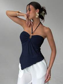 Aloruh Áo hai dây buộc cổ yếm, vạt lệch, đính kim loại, thích hợp cho nữ mùa hè, kỳ nghỉ, đi biển. - Màu xanh hải quân - Xem 6