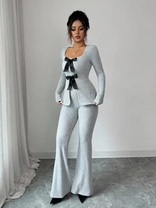 Elenzga 女士优雅蓬松罗纹针织蝴蝶结领长袖收腰上衣和喇叭裤两件套 - 灰色 - 查看 6