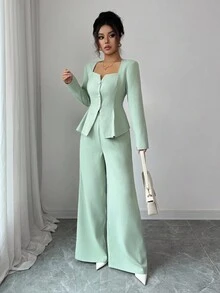 Elenzga 女士优雅高端华夫格针织领长袖开衫和阔腿裤两件套 - 綠色 - 查看 6