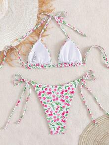 Swim Mod Women's Cherry Print Halter Neck Sexy Bikini Set, Summer Beach - Multicolor - View 2