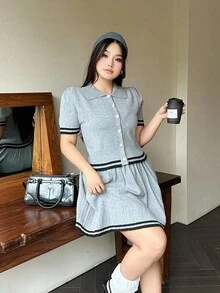 Flirla 2pcs Collegiate Style Pleated Knit Polo Collar Knit Slim Fit Set Winter Fall Autumn - Grey - View 6