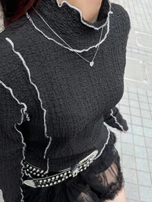 FRIFUL 女式黑色立领长袖撞色修身休闲T恤，秋季 - 黑色 - 查看 4