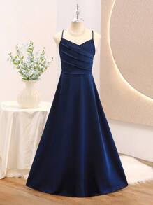 优雅藏蓝色交叉露背吊带连衣裙，适合少女秋冬季穿着 - 藏蓝色 - 查看 5