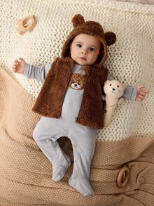Cozy Pixies 新生女宝宝卡通动物图案针织柔软圆领长袖连体衣和无袖背心两件套，包括小熊套装、泰迪熊宝宝羊羔绒背心和连帽婴儿服，适合冬季和秋季穿着。 - 彩色 - 查看 4