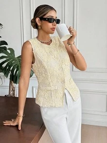 SHEIN Frenchy Women's Bright Yellow Summer Elegant Tea Party Round Neck 3D Floral Single-Breasted Vest Jacket,European Retro Heavy Industry Chic Autumn Business - Apricot - View 5