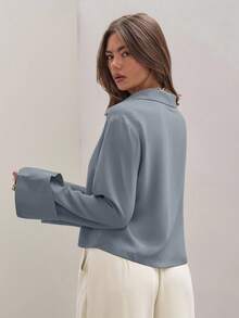 COSMINA Women's Plain Khaki Front Tie Long Sleeve Minimalist Business Casual Work Shirt, Casual Daily Wear FAll - Baby Blue - View 2