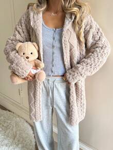 SHEIN Teen Girl Textured Fleece Hooded Zip-Up Jacket Hooded Cardigan Sweater Teddy Cardigan Fuzzy Cardigan Sherpa Cardigan Plush Cardigan Fall Winter