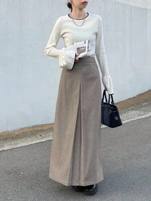 FRIFUL 女士直筒前褶纯色休闲半身裙 - 灰色 - 查看 3