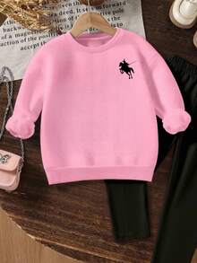 Young Girls 2Pcs Set Light Pink Knit Crew Neck Loose Logo Print Sweatshirt And Leggings,Back-To-School Autumn School Clothes,Casual Autumn Outfit - Multicolor - View 6